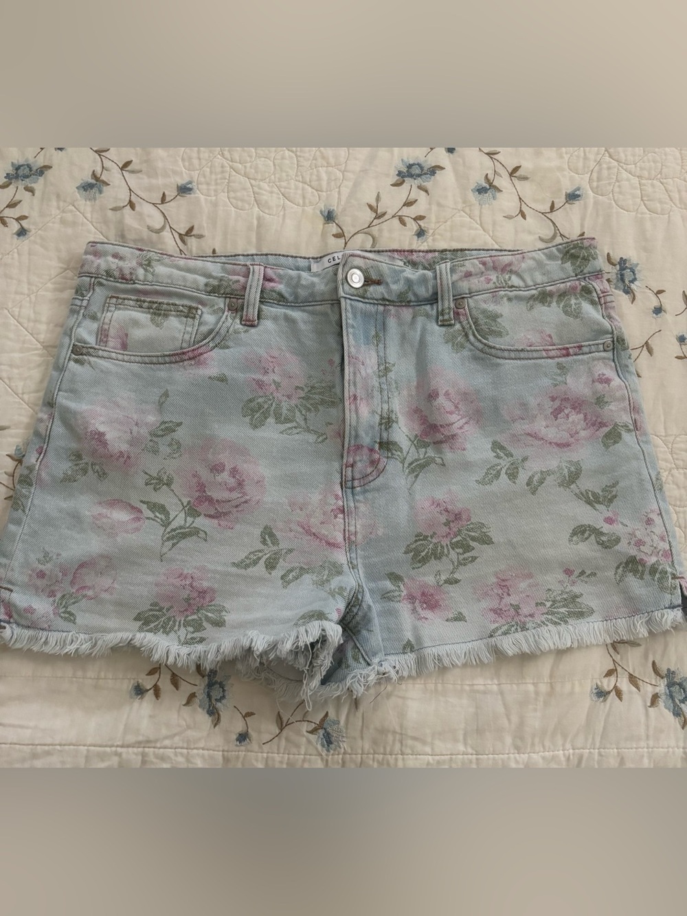 Celebrity Pink Floral Denim Cutoff Shorts - Pastel Blue with Pink Roses 17/33